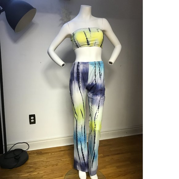 Tie Dye Rainbow yellow blue purple black Bandeau Bikini top pants suit set - Picture 2 of 3